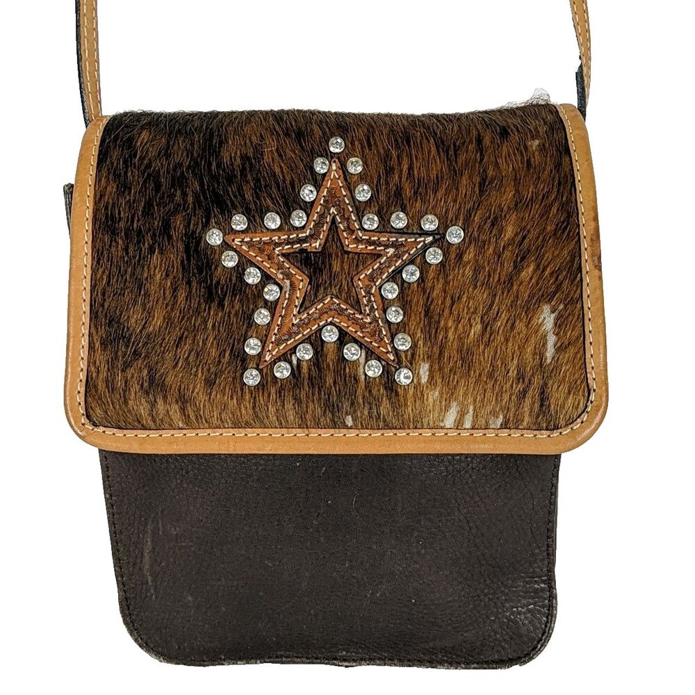 Montana Silversmith Western Brown Leather Calf Hair On Bag Crossbody Star Front - Picture 1 of 11